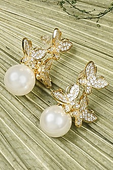 Gold Finish Pearl Butterfly Stud Earrings