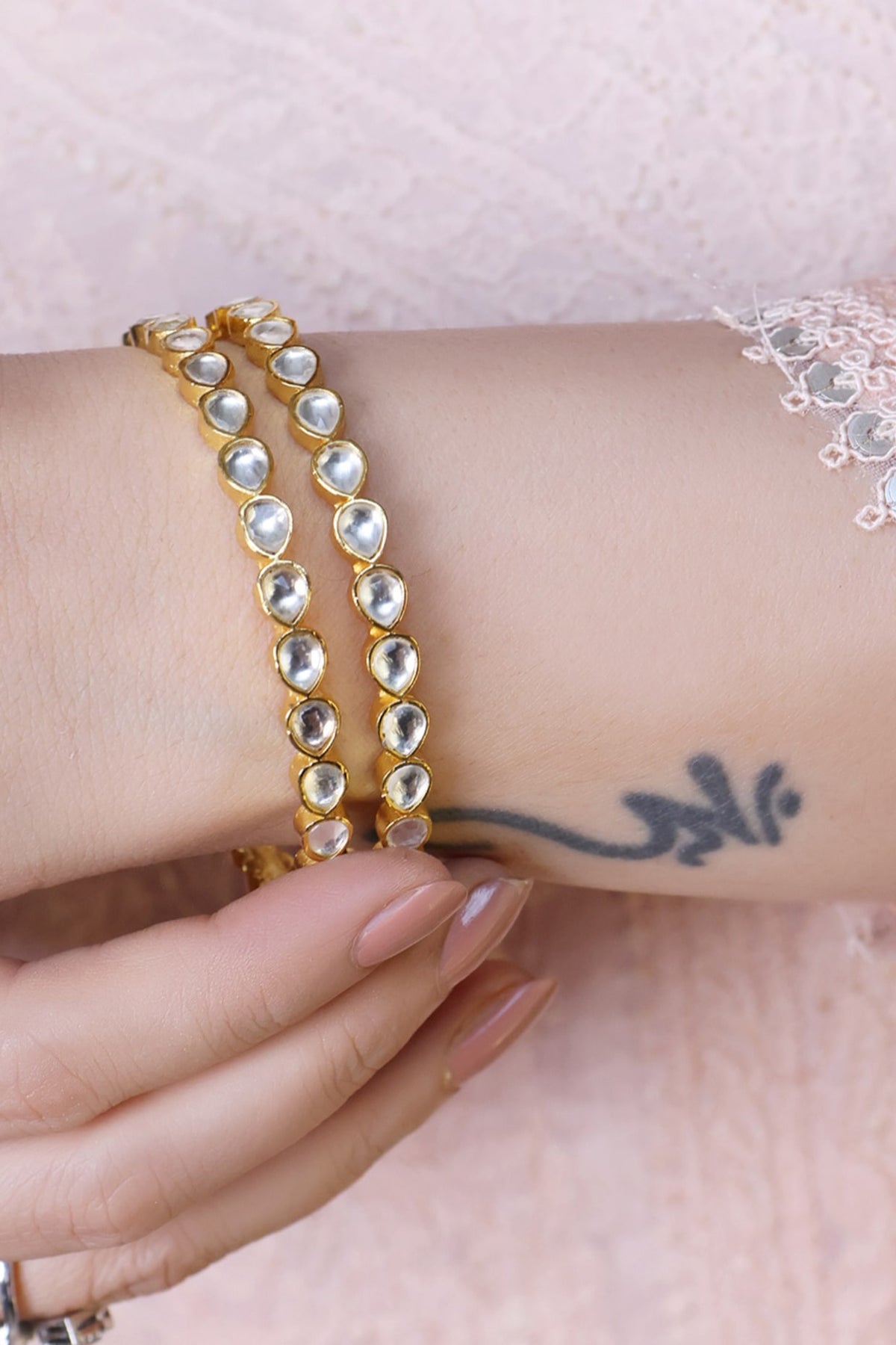 Gold Finish Kundan Polki Bangles (Set Of 2)