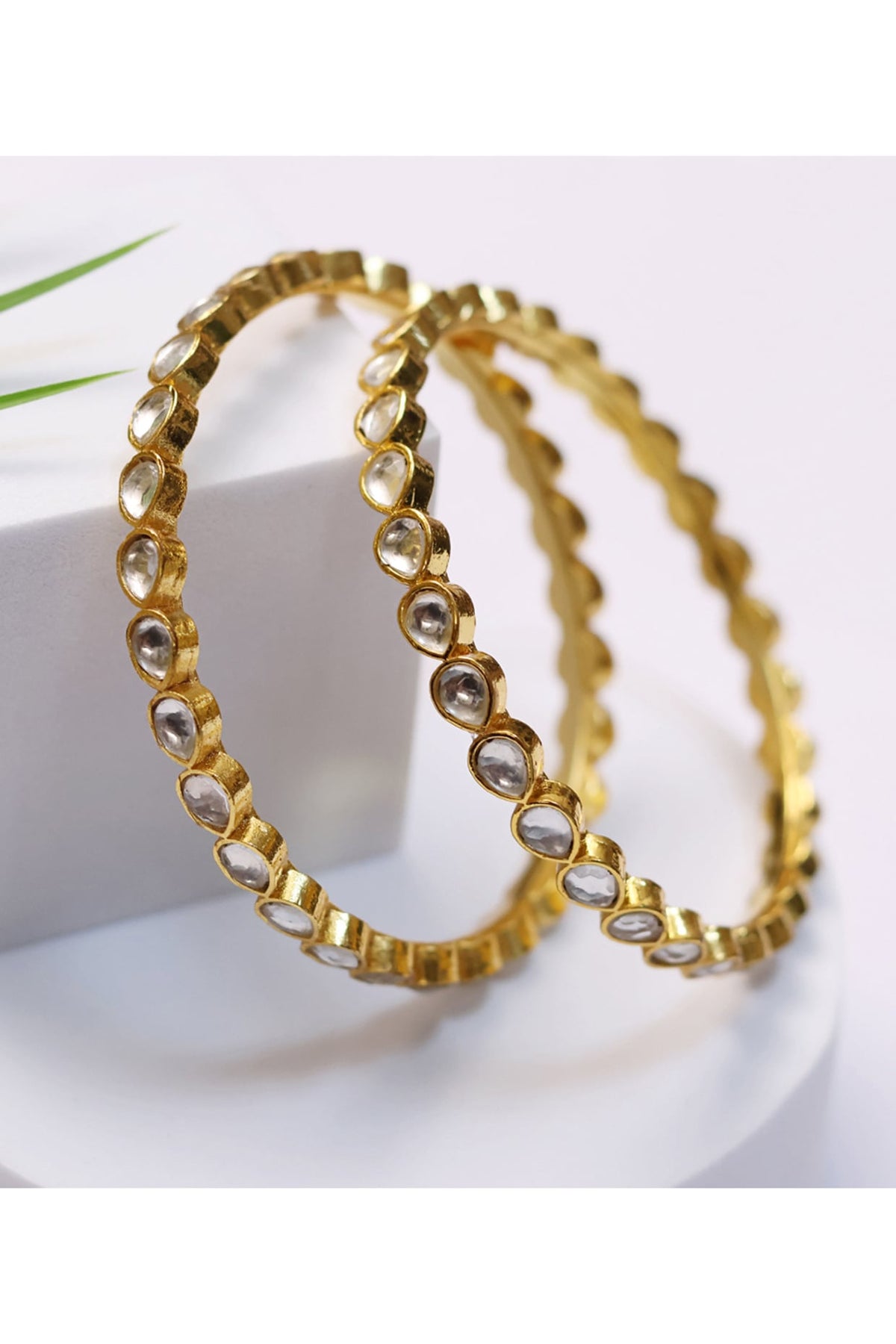 Gold Finish Kundan Polki Bangles (Set Of 2)