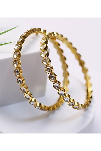 Gold Finish Kundan Polki Bangles (Set Of 2)
