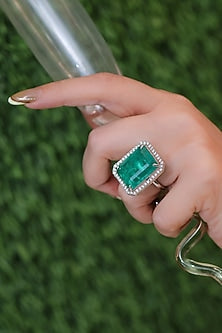Silver Finish American Diamond & Emerald Stone Ring