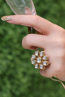 Gold Finish Kundan Polki Floral Adjustable Ring
