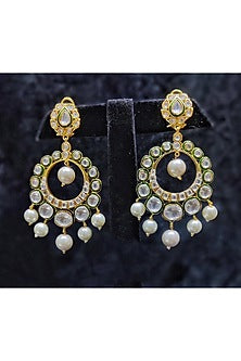 Gold Finish Polki & Pearl Chandbali Earrings