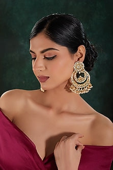 Gold Finish Kundan Polki & Beaded Chandbali Earrings