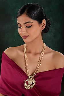 Gold Finish Kundan Polki & Pearl String Long Necklace
