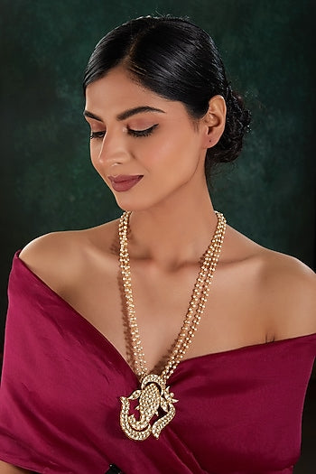 Gold Finish Kundan Polki & Pearl String Long Necklace