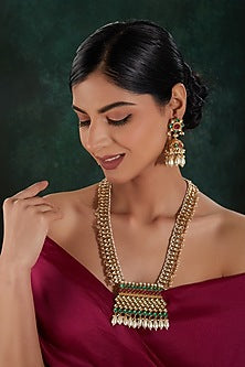 Gold Finish Kundan Polki & Pearl Beaded Long Necklace Set