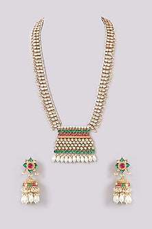 Gold Finish Kundan Polki & Pearl Beaded Long Necklace Set