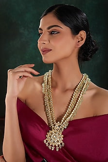 Gold Finish Kundan Polki & Fluorite Beaded Long Necklace