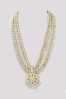 Gold Finish Kundan Polki & Fluorite Beaded Long Necklace