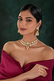 Gold Finish Kundan Polki & Pearl Beaded Choker Necklace Set