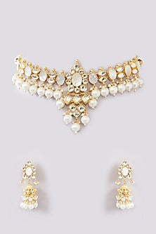 Gold Finish Kundan Polki & Pearl Beaded Choker Necklace Set