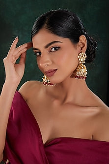 Gold Finish Kundan Polki & Pearl Beaded Jhumka Earrings