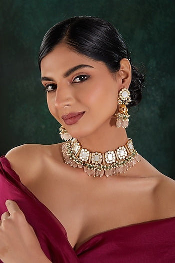 Gold Finish Kundan Polki & Multi-Colored Beaded Choker Necklace Set