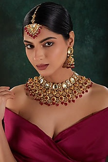 Gold Finish Kundan Polki & Red Stone Choker Necklace Set