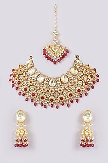 Gold Finish Kundan Polki & Red Stone Choker Necklace Set