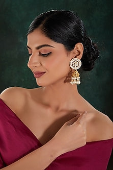 Gold Finish Kundan Polki & Pearl Beaded Jhumka Earrings