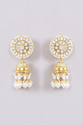 Gold Finish Kundan Polki & Pearl Beaded Jhumka Earrings