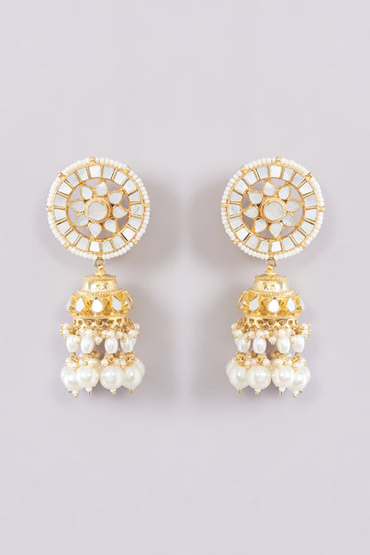 Gold Finish Kundan Polki & Pearl Beaded Jhumka Earrings