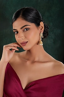 Gold Finish Kundan Polki & Pearl Beaded Jhumka Earrings