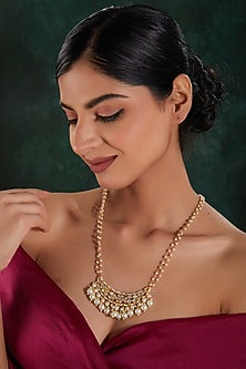 Gold Finish Kundan Polki & Pearl String Long Necklace