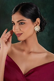 Gold Finish Mop Kundan Polki & Pearl Beaded Stud Earrings