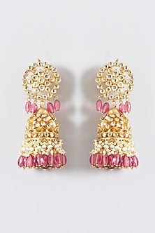 Gold Finish Kundan Polki & Tourmaline Beaded Jhumka Earrings