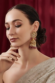 Gold Finish Kundan Polki & Tourmaline Beaded Jhumka Earrings