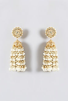 Gold Finish Kundan Polki & Pearl Beaded Jhumka Earrings