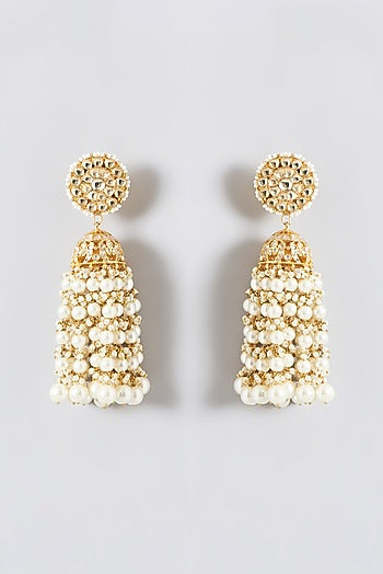 Gold Finish Kundan Polki & Pearl Beaded Jhumka Earrings