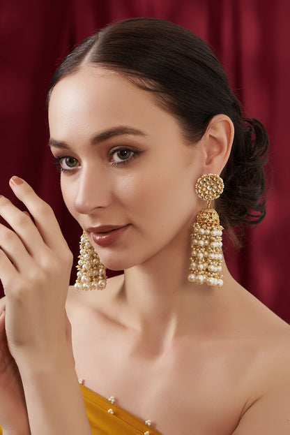 Gold Finish Kundan Polki & Pearl Beaded Jhumka Earrings
