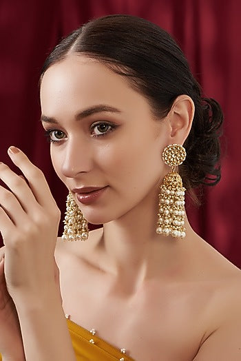 Gold Finish Kundan Polki & Pearl Beaded Jhumka Earrings