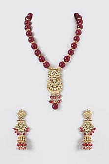 Gold Finish Kundan Polki & Ruby Tumble Long Necklace Set