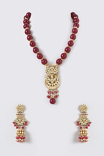 Gold Finish Kundan Polki & Ruby Tumble Long Necklace Set