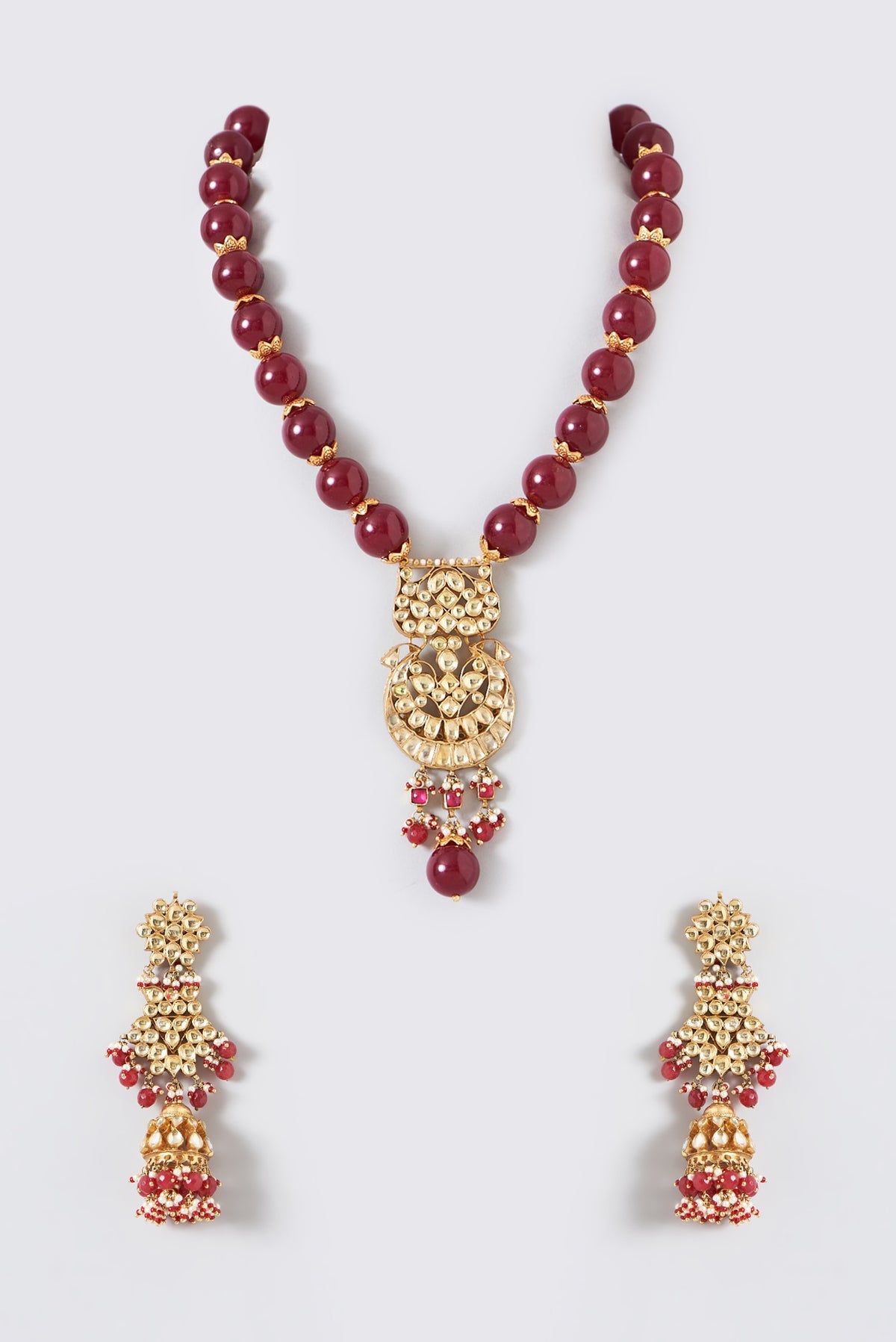 Gold Finish Kundan Polki & Ruby Tumble Long Necklace Set