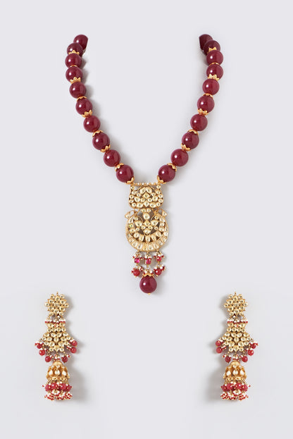 Gold Finish Kundan Polki & Ruby Tumble Long Necklace Set