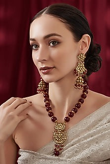 Gold Finish Kundan Polki & Ruby Tumble Long Necklace Set