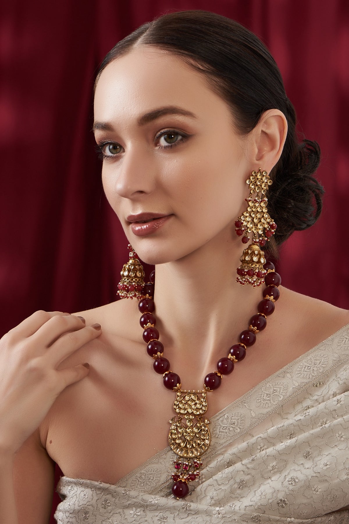 Gold Finish Kundan Polki & Ruby Tumble Long Necklace Set