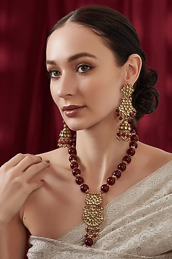 Gold Finish Kundan Polki & Ruby Tumble Long Necklace Set