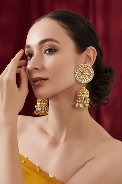 Gold Finish Kundan Polki Jhumka Earrings