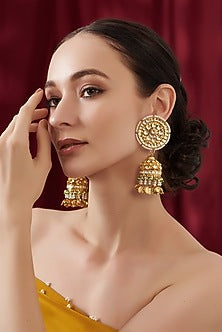 Gold Finish Kundan Polki Jhumka Earrings