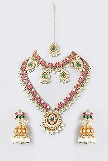 Gold Finish Multi-Colored Kundan Polki Long Necklace Set