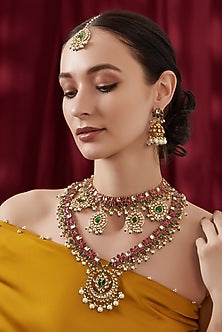 Gold Finish Multi-Colored Kundan Polki Long Necklace Set