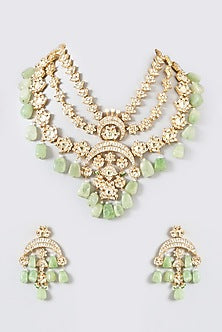 Gold Finish Kundan Polki & Green Tumble Long Necklace Set
