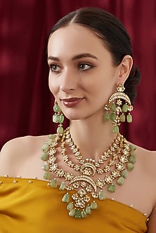 Gold Finish Kundan Polki & Green Tumble Long Necklace Set