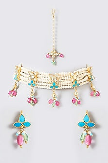Gold Finish Multi-Colored Kundan Polki Choker Necklace Set