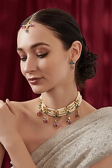 Gold Finish Multi-Colored Kundan Polki Choker Necklace Set