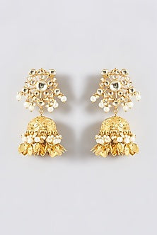 Gold Finish Kundan Polki Jhumka Earrings