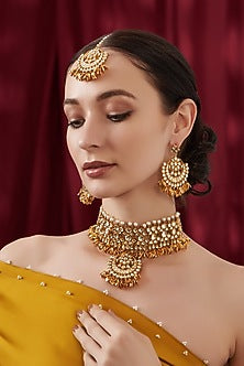 Gold Finish Kundan Polki Choker Necklace Set