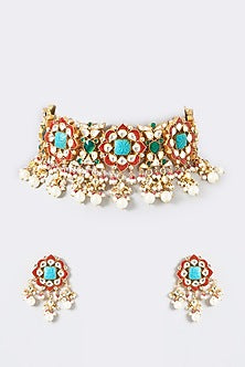 Gold Finish Multi-Colored Kundan Polki & Pearl Beaded Choker Necklace Set